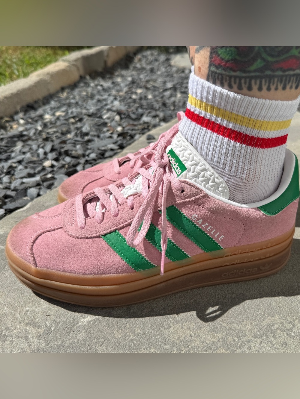 Adidas Gazelle Pink Suede Sneakers with Green Stripes Women’s Size 8